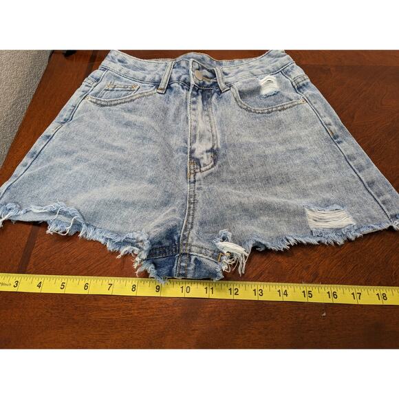 Shein Distressed Jean Shorts XS Women Light Wash Raw Hem High Rise Ripped Denim - Picture 7 of 9